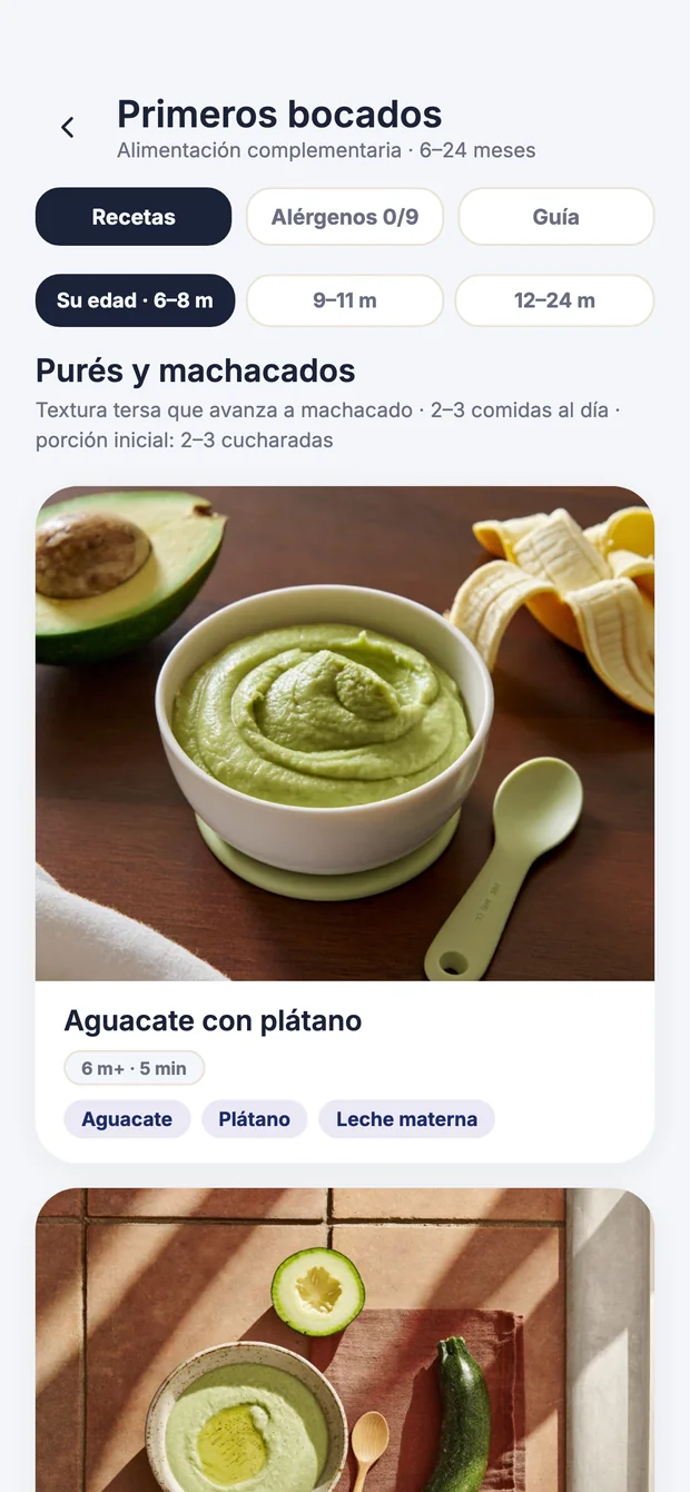 Pantalla Primeros bocados de Kangu con las recetas de la etapa de 6 a 8 meses, el registro de alérgenos y la textura y la porción que corresponden a esa edad.
