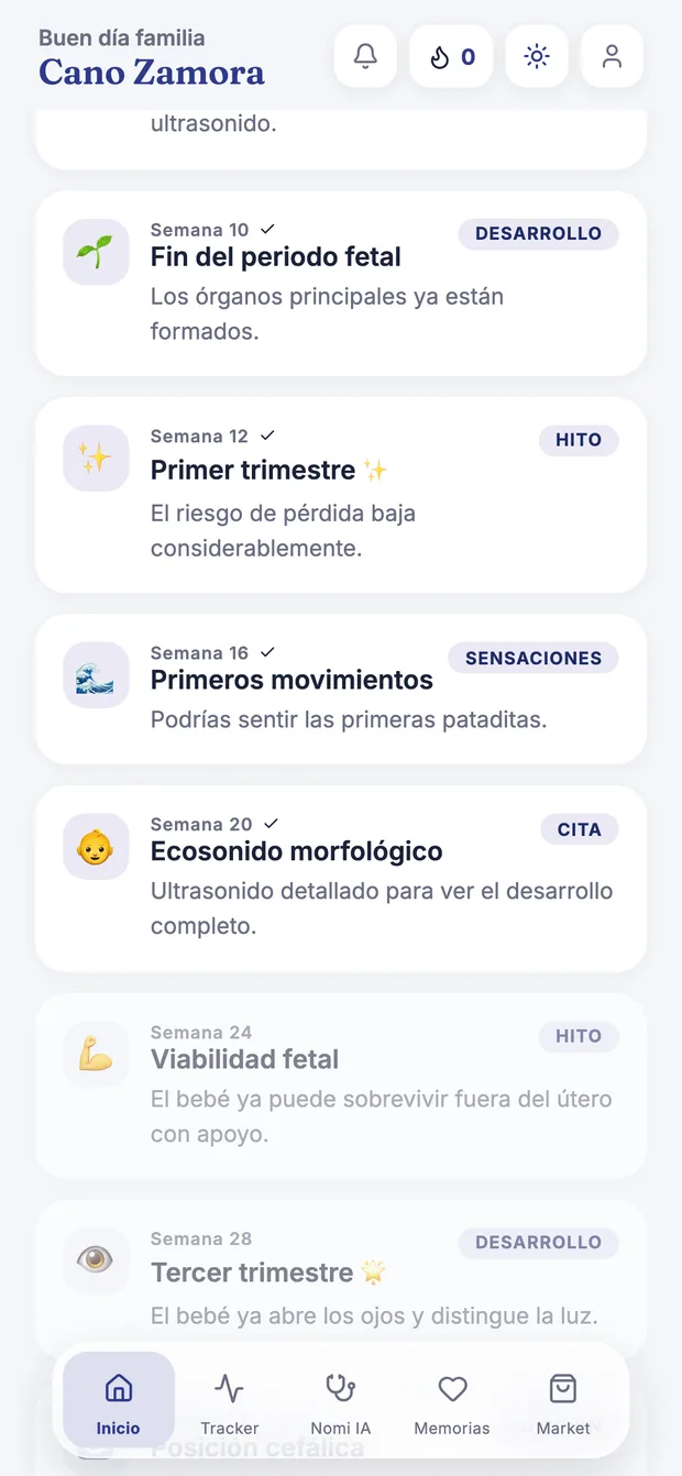 Línea de tiempo del embarazo en Kangu con las semanas marcadas, incluidas las de fin del primer trimestre y el inicio del tercero.