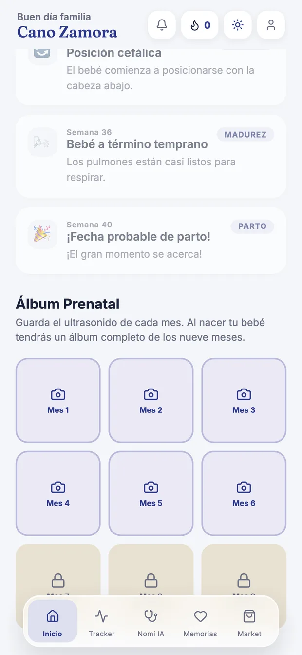 Pantalla de embarazo en Kangu con los hitos por semana: posición cefálica, semana 36 «bebé a término temprano» y semana 40 «fecha probable de parto».