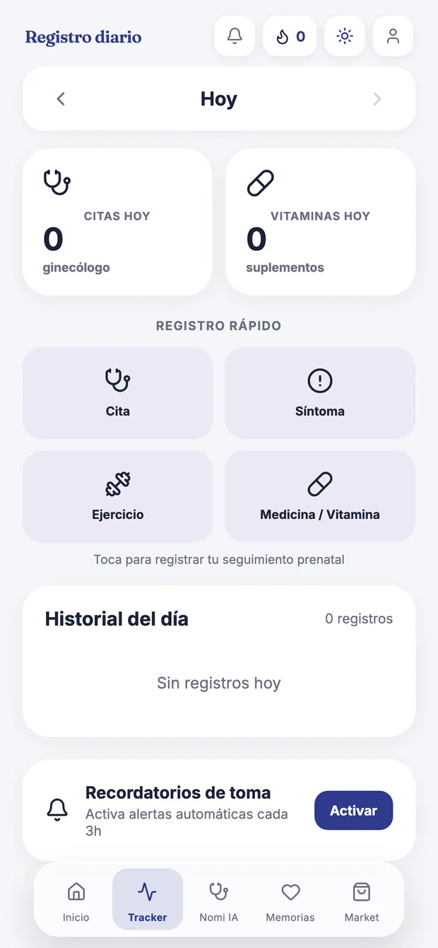 Registro diario de Kangu en modo embarazo, con el botón de Síntoma a la vista