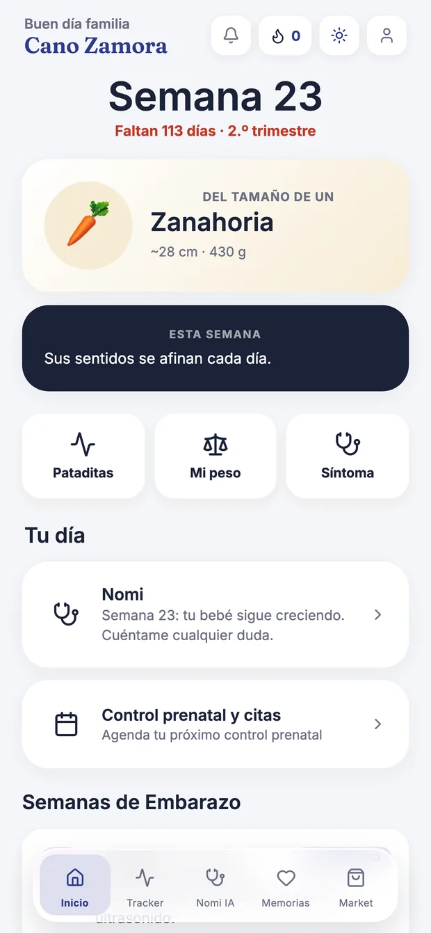 Pantalla de embarazo en Kangu con la semana en curso, los días que faltan, el tamaño estimado del bebé y el acceso al control prenatal y las citas.