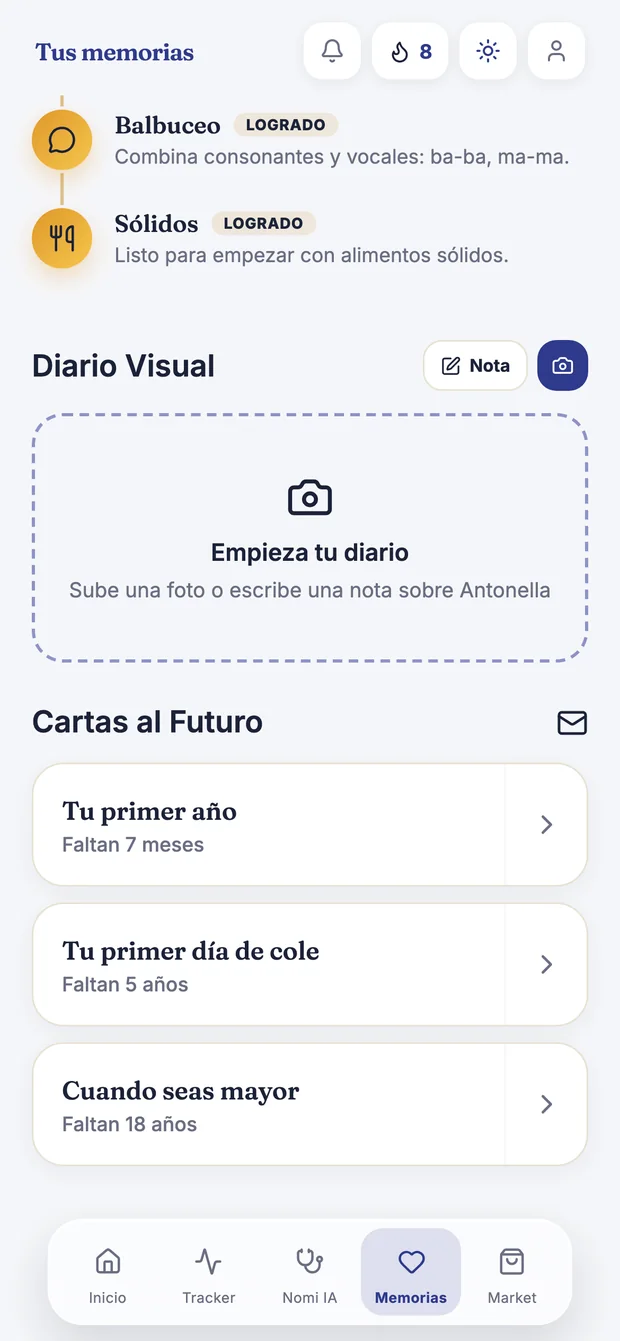 Pantalla de Memorias en Kangu con el Diario Visual para subir una foto o una nota del día y las Cartas al Futuro con su fecha de apertura.