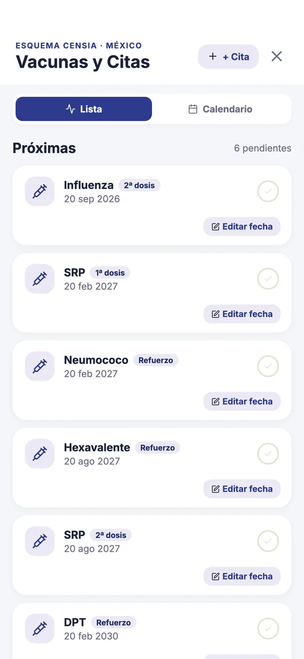 Pantalla de Vacunas y Citas en Kangu, con las próximas dosis y la fecha de cada una