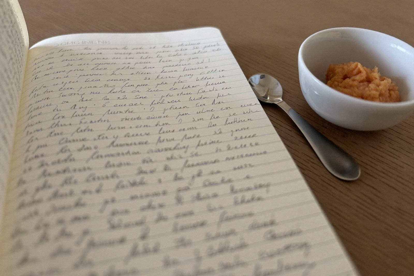 Libreta abierta con anotaciones a mano junto a un tazón de papilla y una cuchara pequeña sobre la mesa