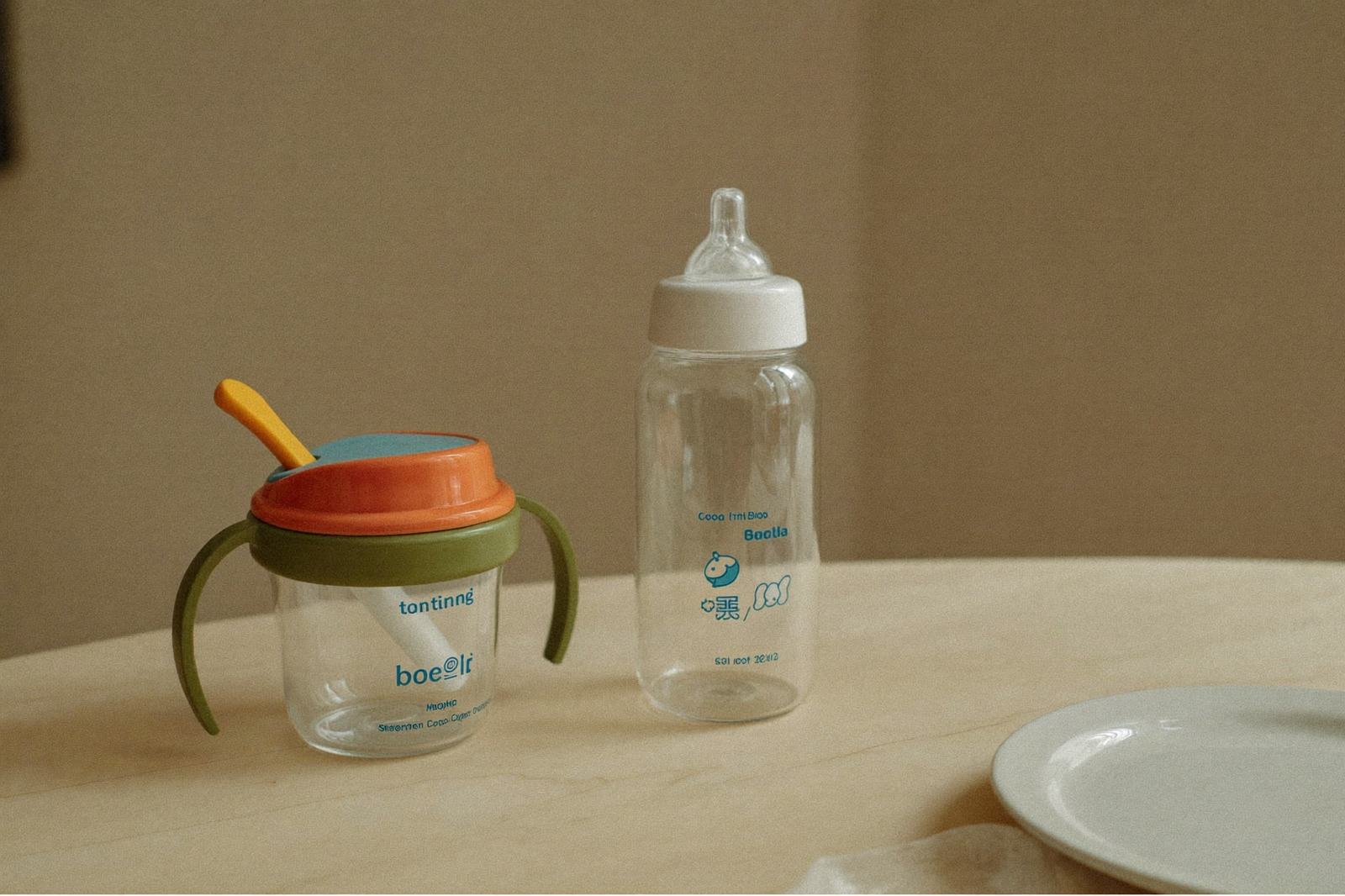 Vaso entrenador y biberón juntos sobre una mesa de madera clara junto a un plato pequeño