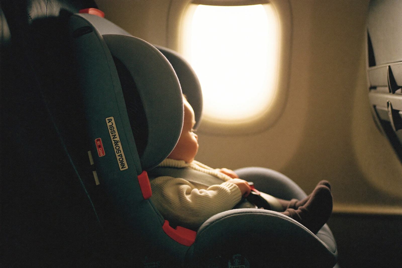 Bebé dormido en su silla de seguridad instalada junto a la ventanilla del avión