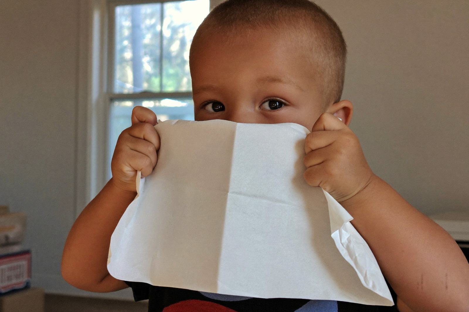 Niño pequeño cubriéndose la nariz con un pañuelo desechable en la sala de su casa