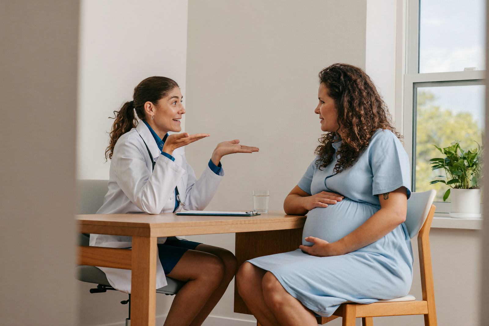 Médica y paciente embarazada conversando frente a un escritorio en un consultorio