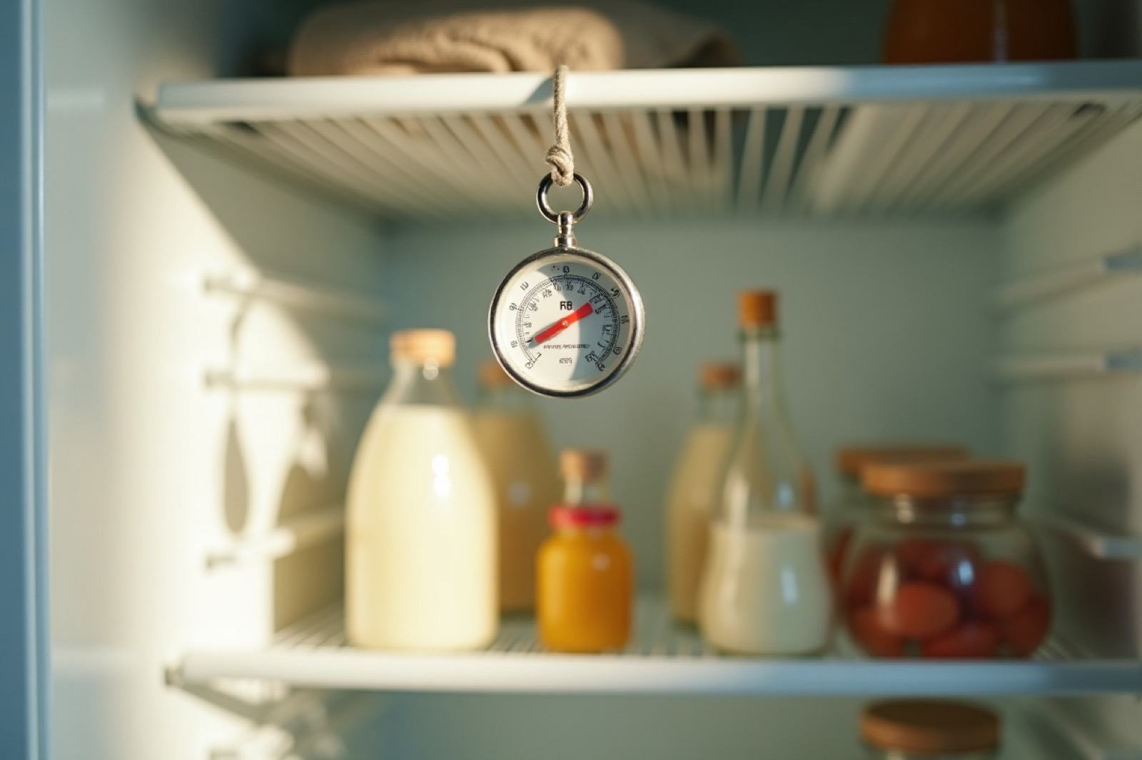 Un termómetro pequeño de refrigerador colgado de una rejilla, con frascos de vidrio y recipientes tapados acomodados alrededor