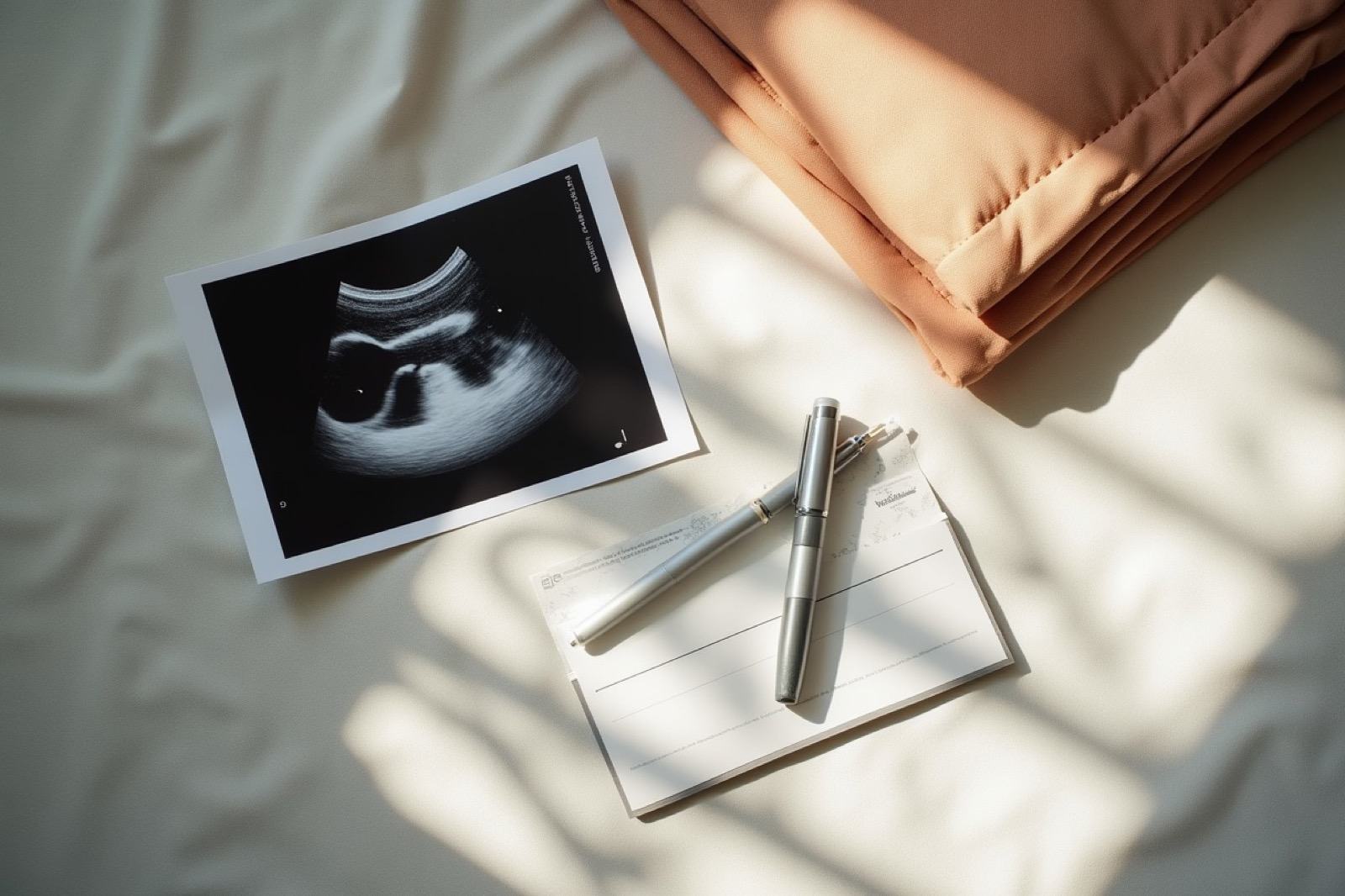 Impresión de ultrasonido prenatal en blanco y negro sobre una superficie de lino claro, junto a una tarjeta de cita médica doblada y una pluma