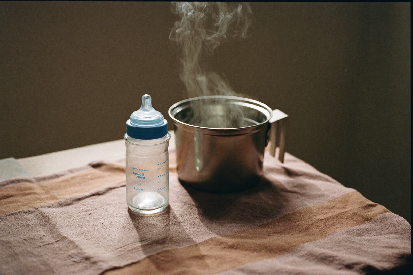 Una olla pequeña de acero con agua recién hervida sobre la estufa, con vapor tenue subiendo, y un biberón limpio esperando al lado