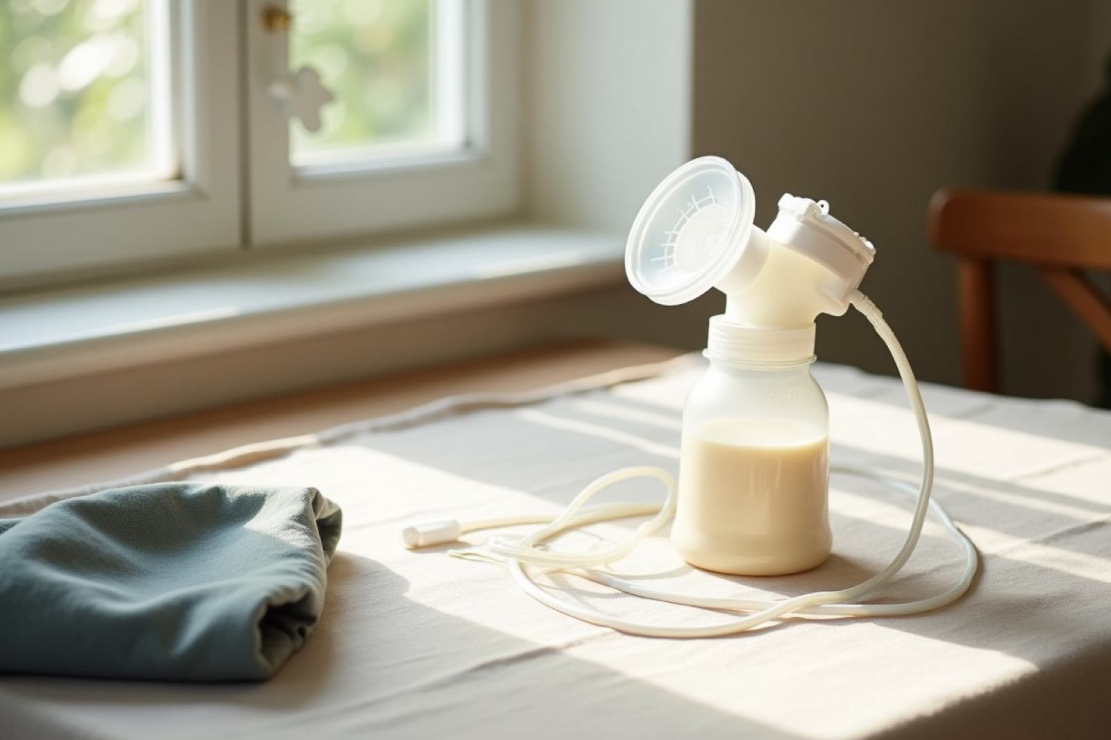 Un extractor de leche eléctrico sobre un mantel de lino claro, con su biberón recolector a media capacidad y un paño de muselina doblado al lado