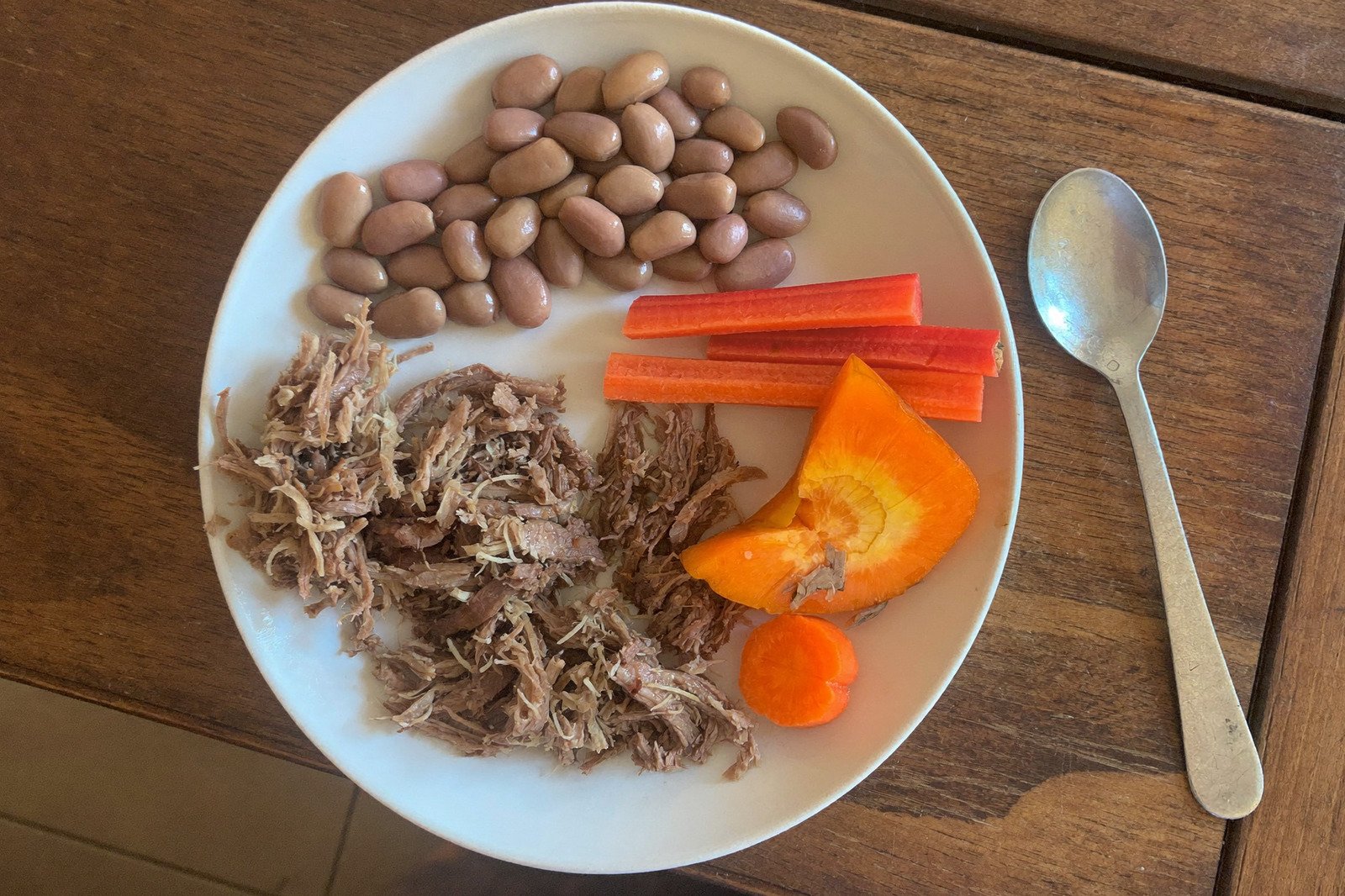 Plato infantil con carne deshebrada, frijoles y verduras cortadas en trozos pequeños