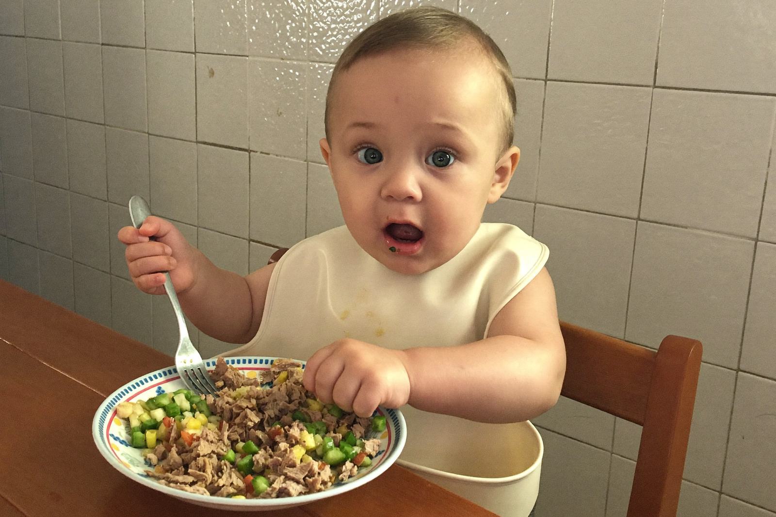 Niño pequeño sentado a la mesa comiendo de un plato de colores