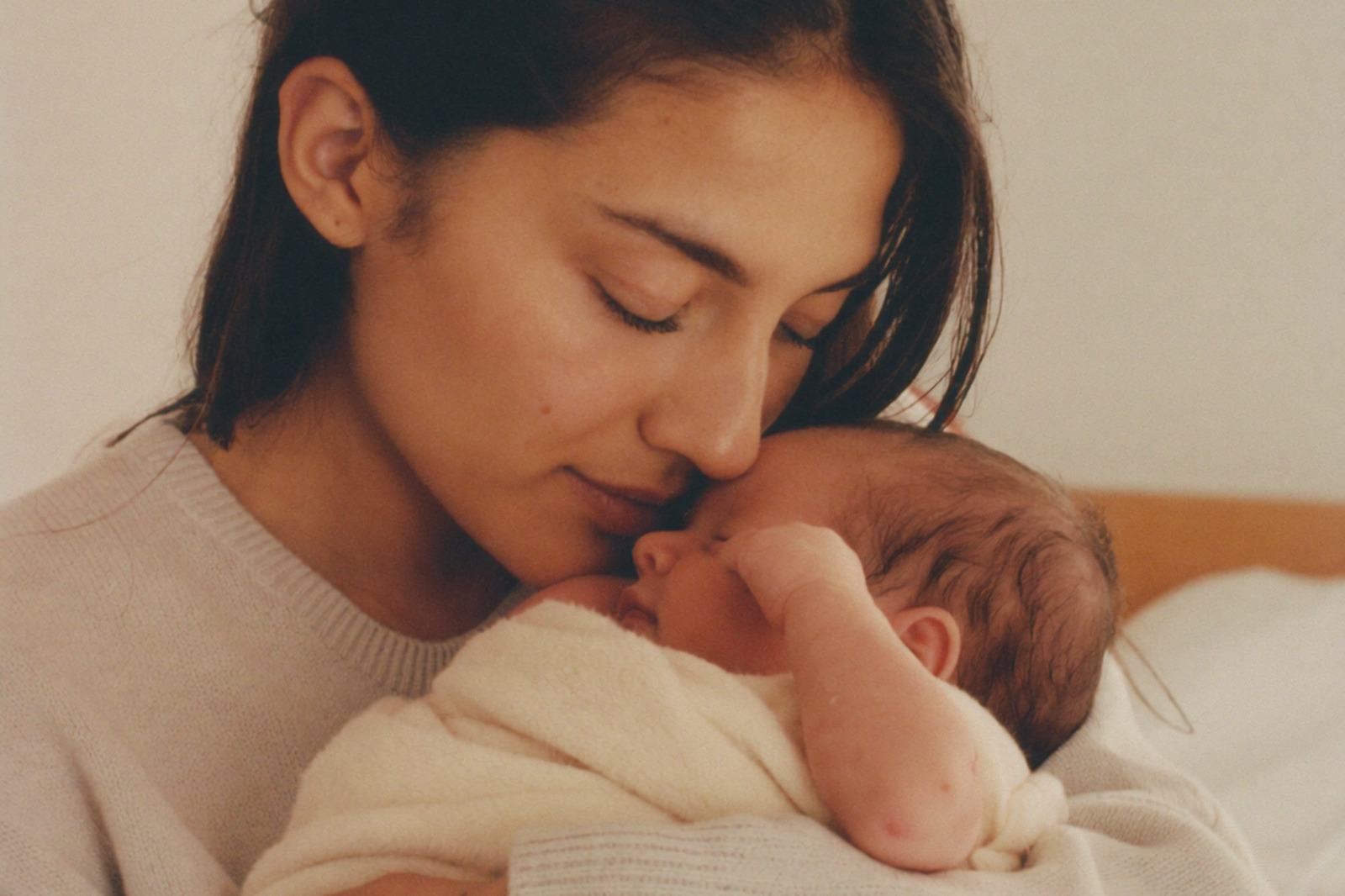 Mamá cargando a su bebé recién nacido cerca de su cara, mirándose los dos