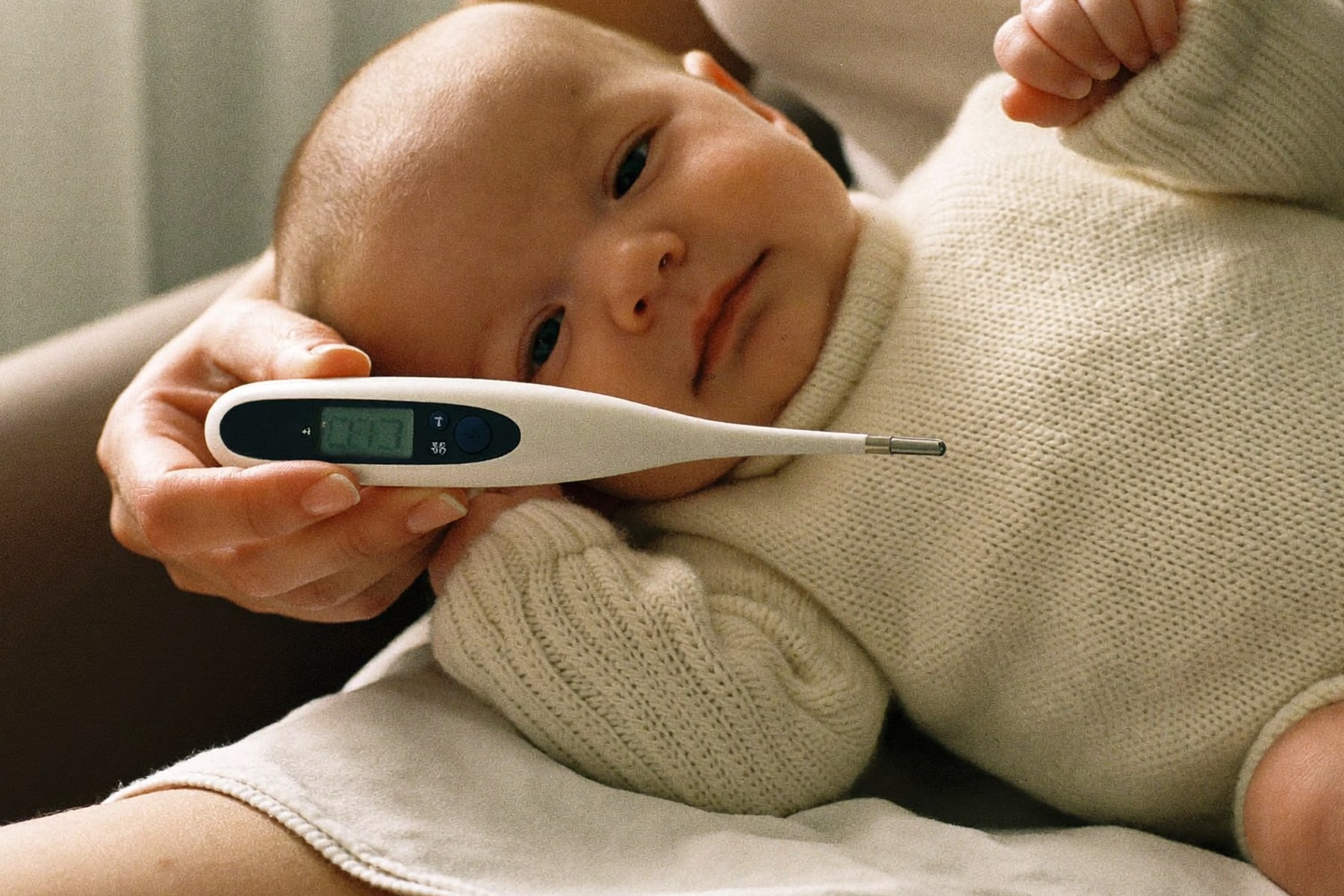 Una madre sostiene a su bebé en el regazo y le acerca un termómetro digital al brazo